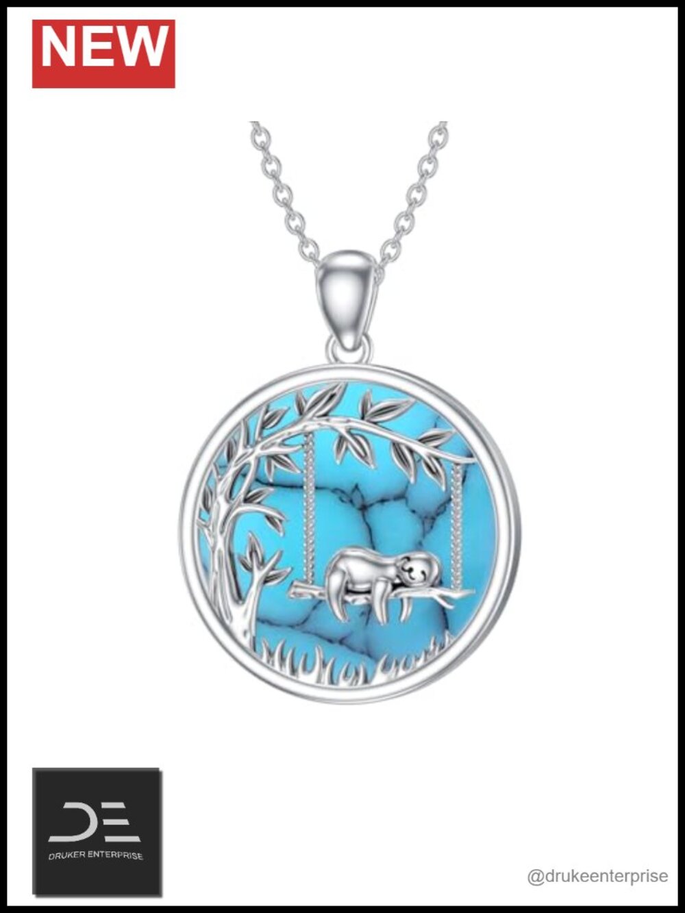 Sloth Pendant Necklace Sterling Silver Turquoise Jewelry